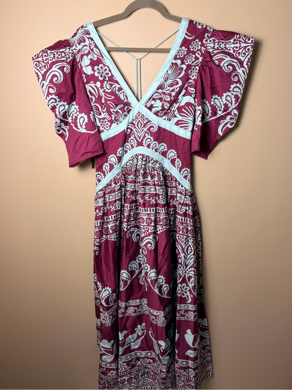 Farm Rio x Anthropologie Burgundy Blue Print puff sleeve Dress Size XS NWT - Picture 4 of 11
